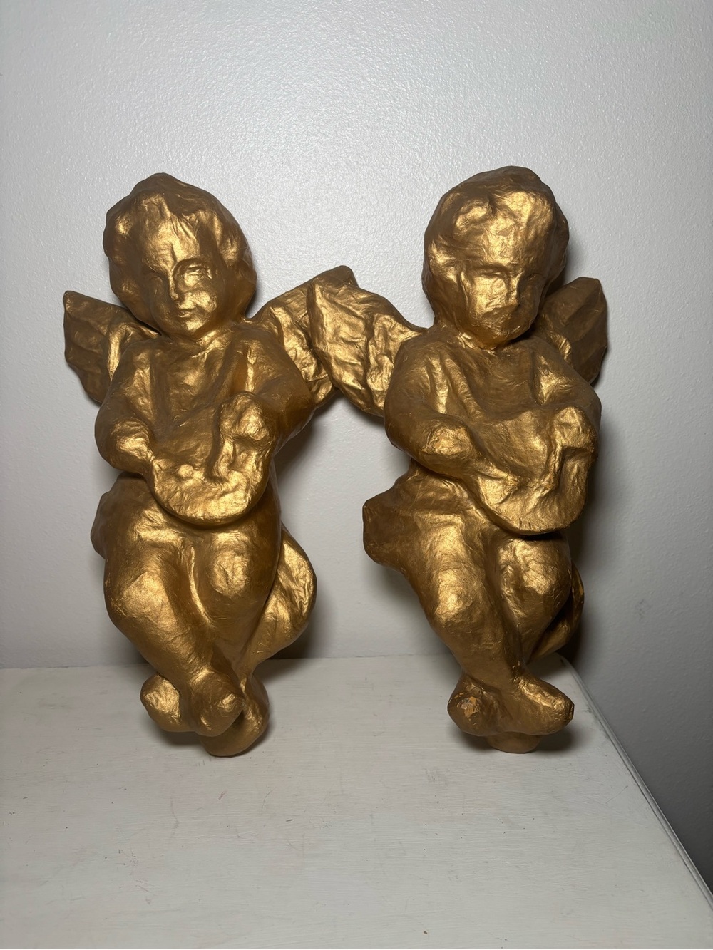 Vintage 15inch large Gold Paper Mache musical Cherub, set of 2
